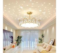 ksxnkhk Gold Crown Chandelier Girl Princess Round Dimmable LED Crystal Pendant Light with Projection Stars Starry Kids Ceiling Light Flush Mount Chandelier for Children Bedroom Dining Room
