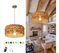 ksxnkhk Pendant Lamp Rattan Chandelier,Hand-Woven Bamboo Rattan Hanging Lamp, Boho Wicker Rattan Chandeliers, with Bulb & Remote Control Pendant Lights for Dining Living Kitchen Farmhouse