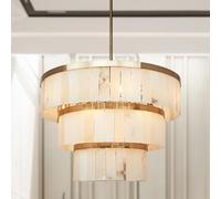 ksxnkhk Rustic Alabaster Three-Tier Chandelier with Metal Detailing, Natural 3-Tier, Light Fixture for Living Room