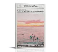 KSYWVCSO Pink Beach Newspaper Posters Vintage Fashion Coastal Girl Surf Posters Canvas Aesthetic Wall Art Modern Home Decor for Bedroom Living Room 08x12inch(20x30cm) Frame-style