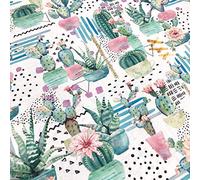 Kt KILOtela - Digital Printed Canvas Duck Fabric, Upholstering Furniture, Headboards, Accent Pillows, Handbags, Tote Bags, Aprons, 280 cm Wide, by Half Metre, Cactus, Flowers, Pink, Green