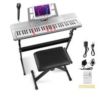 Ktaxon 61 Key Keyboard Piano Electric Keyboard w/Lighted Keys, Electric Piano Set with Headphones, Microphone, Music Rest, Power Adapter, Stand, Piano Bench and Manual (Full-Sliver)