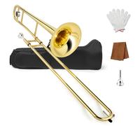 Ktaxon B Flat Tenor Trombone with Mouthpiece, Brass Slide Bb Trombones for Beginners, Portable Instrument Includes Cleaning Cloth, Gloves and Trombone Case (Golden)