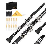 Ktaxon Bb Flat Clarinet Mid-range Bakelite Beginner & Student Clarinet, Nickel-Plated 17 Keys B Tone Clarinets with Hard Case, Gloves, 2 Mouthpieces Connector (Black)