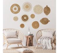 KTCINA 10 Pcs Boho Wall Basket Decor 8 Pattern Wall Hanging Wicker Basket Handmade Rattan Woven Wall Decor Round Rattan Wicker Wall Decor Hanging Woven Baskets for Living Room Dining Room (10Pcs)