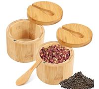 KTCINA 2PCS Bamboo Salt Cellar with Spoon, Spice Jar Bamboo Salt Container with Swivel Magnetic Closure Lid Kitchen Salt Box for Pepper Spice Bath Salt Sea Salt