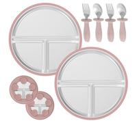 KTCINA 2Pcs Stainless Steel Toddler Plates with Suction, 8” Silicone Baby Suction Plates with 2pcs Spoons Forks Toddler Utensils 3-Divided Removable Feeding Set Baby Weaning Essentials (8" Pink)