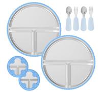 KTCINA 2Pcs Stainless Steel Toddler Plates with Suction, 9” Silicone Baby Suction Plates with 2pcs Spoons Forks Toddler Utensils 3-Divided Removable Kids Feeding Set Baby Weaning Essentials(Blue)
