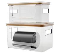 KTCINA 2Pcs Trash Bag Dispenser Holder, Stackable Garbage Bag Holder with Bamboo Lid & Dual Handles Extra Large Trashbag Organizer for Kitchen, Cabinet, Laundry Room, Pantry Organizer and Storage