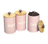 KTCINA 3Pcs Tea Coffee Sugar Canisters, 1100ml Round Kitchen Canister Set with Bamboo Lid & Handle Metal Food Storage Container Bin Airtight Food Storage Jars for Coffee Sugar Tea Beans Grains(Pink)