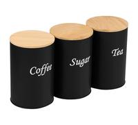 KTCINA 3Pcs Tea Coffee Sugar Canisters with Bamboo Lid, 1000ml Airtight Food Storage Jars Round Kitchen Canister Set Metal Food Storage Container Bin for Coffee Sugar Tea Beans Grains Pasta (Black)