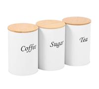KTCINA 3Pcs Tea Coffee Sugar Canisters with Bamboo Lid, 1000ml Airtight Food Storage Jars Round Kitchen Canister Set Metal Food Storage Container Bin for Coffee Sugar Tea Beans Grains Pasta (White)