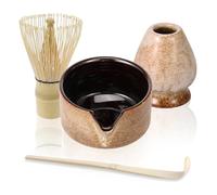 KTCINA 4Pcs Ceramic Matcha Set Japanese Matcha Whisk Kits Matchas Making Starter Kit Ceramic Bowl with Spout Whisk Holder and Bamboo Scoop for Making Tea Lovers(Beige)