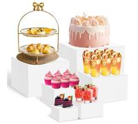 KTCINA 6Pcs Buffet Risers, Acrylic Food Riser Cupcake Stand Risers Cube Display Stand Table Riser Stand Dessert Table Display Set for Dessert Jewelry Figures Show 25/23/20/18/15/13cm (White Large)