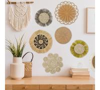 KTCINA 7 Pcs Boho Wall Basket Decor 4 Size Wall Hanging Wicker Basket Handmade Rattan Woven Wall Decor Round Rattan Wicker Wall Decor Hanging Woven Baskets for Living Room Bedroom Dining Room (7Pcs2)