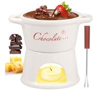 KTCINA Ceramic Chocolate Melting Pot, 300ml Chocolate Melting Fondue Mugs Set with Detachable Base and Fork, Butter Warmer Pot Fondue Mug for Cheese Candy Snack Caramel Party No Candle(White)