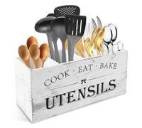 KTCINA Kitchen Utensils Holder 4 Compartment Wood Cutlery Holder Large Flatware Caddy Organizer with Drainage Bottom Removable Divider Silverware Caddy for Spoons, Forks, Spatulas, Shovels(White)