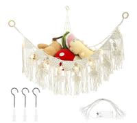 KTCINA Stuffed Animal Organizer Hammock with LED Light and Tassel, Large Toy Hammock Net for Stuffed Animals Corner Hanging Plush Animal Storage Soft Toy Organizer (White)