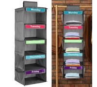 KTCINA Weekly Clothes Organizer for Kids, 5 Days W lothes Organizer with 6 Side Pockets, 5 Shelf Hanging Closet Organizers Monday To Friday Hanging Organiser for Hats T-Shirts Bags Towels(Grey)