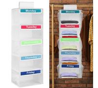 KTCINA Weekly Clothes Organizer for Kids, 5 Days W lothes Organizer with 6 Side Pockets, 5 Shelf Hanging Closet Organizers Monday To Friday Hanging Organiser for Hats T-Shirts Bags Towels(White)