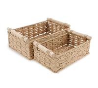 KTCINA Wicker Storage Baskets, 2Pcs Paper Rope Storage Baskets, Hand Woven Organizer Woven Pantry Basket with Wood Handle, Decorative Shelf Basket for Pantry Shelves