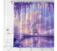KTGHA Paris Eiffel Tower Shower Curtain Purple Wisteria Floral Romantic European France City Landscape Modern Polyester Fabric Bathroom Decor Set with Hooks(70" WX70 H)