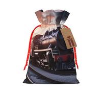 KTHSNSKL Christmas Gift Bags Drawstring Santa Bag Buffalo Christmas Burlap Bags with Gift Tags Goody Present Pouch Steam Train Depart Sunset Wrapping Sacks for Xmas Presents Party Favor Wrap Sack