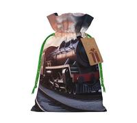 KTHSNSKL Christmas Gift Bags Drawstring Santa Bag Buffalo Christmas Burlap Bags with Gift Tags Goody Present Pouch Steam Train Depart Sunset Wrapping Sacks for Xmas Presents Party Favor Wrap Sack