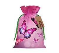 KTHSNSKL Christmas Gift Bags Drawstring Santa Bag Buffalo Christmas Burlap Bags with Gift Tags Goody Present Pouch Pink Butterflies Wrapping Sacks for Xmas Presents Party Favor Wrap Sack