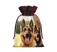 KTHSNSKL Christmas Gift Bags Drawstring Santa Bag Buffalo Plaid Christmas Burlap Bags with Gift Tags Goody Present Pouch Happy german shepherd Wrapping Sacks for Xmas Presents Party Favor Wrap Sack