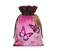 KTHSNSKL Christmas Gift Bags Drawstring Santa Bag Buffalo Plaid Christmas Burlap Bags with Gift Tags Goody Present Pouch Pink Butterflies Wrapping Sacks for Xmas Presents Party Favor Wrap Sack