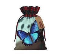 KTHSNSKL Christmas Gift Bags Drawstring Santa Bag Buffalo Plaid Christmas Burlap Bags with Gift Tags Goody Present Pouch blue butterfly Wrapping Sacks for Xmas Presents Party Favor Wrap Sack
