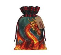 KTHSNSKL Christmas Gift Bags Drawstring Santa Bag Buffalo Plaid Christmas Burlap Bags with Gift Tags Goody Present Pouch Dragon King in Fire Wrapping Sacks for Xmas Presents Party Favor Wrap Sack
