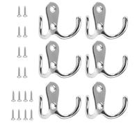 KTHZI 6 Pack Double Prong Robe Hooks with 16 PCS Screws,Chrome Wall Mounted Dual Coat Hooks,Hanging Clothes Hooks for Bathroom,Bedroom,Door,Kitchen Wall(Sliver)