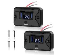 Ktilura 2PCS USB Car Charger Socket,12V 3 Port Fast Charging Outlet with LED Digital Voltmeter and ON/Off Button,Dual 18W QC3.0 & 30W PD Quick Charge Socket for 12V/24V Motorcycles,Boats,RVs,Trucks