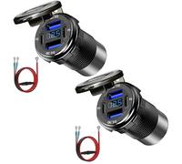 Ktilura USB Car Charger Socket,2PCS 12V 4 Port Fast Charging Outlet,Dual 30W PD Type C & Dual 18W QC3.0 USB-A Charger Power Outlet Panel with LED Digital Voltmeter for Car/Boat/Motorcycle/SUV/RV Truck