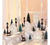Ktinnead 22 Pcs Ceramic Christmas Village Sets, 4 LED Lighted Christmas Village Houses with Xmas Trees and Mini Figurines, White Porcelain Snowy Town Scene Decor for Home Party Holiday Table