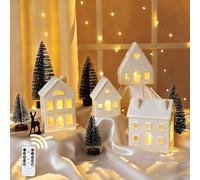 Ktinnead 9 Pcs Christmas Village Sets, 4 LED Lighted Ceramic Christmas Village Houses with Remote Control Timer& 5 Xmas Trees, Timeable White Porcelain Indoor Decorations for Home Party Holiday Table