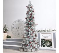KTKDE 4ft Flocked Pencil Christmas Tree with Red Berries & Pine Cones, Unlit Slim Snowy Christmas Tree, Artificial Spruce Xmas Tree with Metal Stand for Home Office Small Space Decor