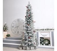 KTKDE 6ft Snow Flocked Artificial Pencil Christmas Tree, Snow Unlit Slim Xmas Tree with 30 Pine Cones & 30 red Fruits, Metal Stand, for Indoor Holiday Home Office Décor