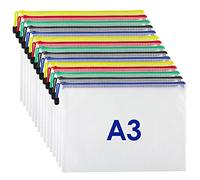 KTRIO Plastic Wallets Document Wallet, 15PCS A3 Mesh Document File Folders Pouch Zipper Bags, A3 Zip Bag Zipped Wallets Ziplock Bags for School Office Supplies, Travel Accessories