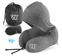 KTT Memory Foam Hooded Travel Pillow Kit Eye Mask & Earplugs | 360° ergonomic neck support for airplanes, trains & cars. Compact & portable, removable & washable