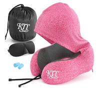 KTT Pink Memory Foam Hooded Travel Pillow Kit Eye Mask & Earplugs | 360° ergonomic neck support for airplanes, trains & cars. Compact & portable, removable & washable