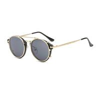 KTUCN Retro Round Steampunk Clip On Sunglasses Men Women Double Layer Removable Lenses Detachable Shades Clear Hollow Legs Glasses,gold grey,BH01