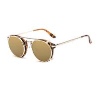 KTUCN Retro Round Steampunk Clip On Sunglasses Men Women Double Layer Removable Lenses Detachable Shades Clear Hollow Legs Glasses,Leopard Tea,BH01
