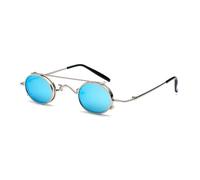 KTUCN Vintage Round Detachable Sunglasses Men Women SteamPunk Sun Glasses Retro Small Circle Metal Frame Glasses,C1SilverBlue,BH01