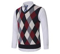 KTWOLEN Mens Sleeveless Jumper Argyle Sweater Vest Business V-Neck Slipover Wool Vest Knitted Gilets Knitwear Waistcoat Tank Top, Red, M