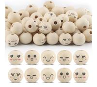 Ktxaby 100pcs 20mm Loose Wood Bead with Faces 5 Styles 4mm Hole Wooden Expression Beads Round Natural Wooden Beads for Necklace Bracelet Stringing Making DIY Crafts