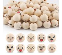 Ktxaby 100pcs 20mm Loose Wood Bead with Faces 5 Styles 4mm Hole Wooden Expression Beads Round Natural Wooden Beads Handmade Wood Bead for Necklace Bracelet Stringing Making DIY Crafts (04)