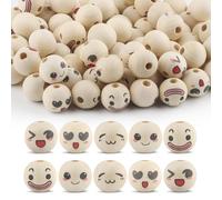 Ktxaby 100pcs 20mm Loose Wood Bead with Faces 5 Styles 4mm Hole Wooden Expression Beads Round Natural Wooden Beads Handmade Wood Bead for Necklace Bracelet Stringing Making DIY Crafts (03)